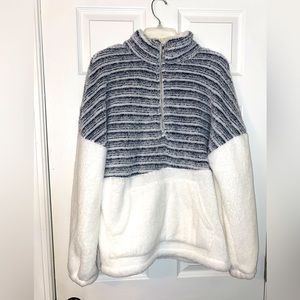 Women’s Fluffy grey and white 3/4 zip pullover. Size L. NWT
